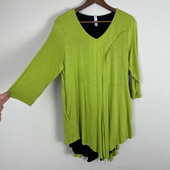 Aria Handmade Norma Tunic Top Womens Large Green Black Layered 3/4 Sleeve V-Neck - Picture 3 of 10